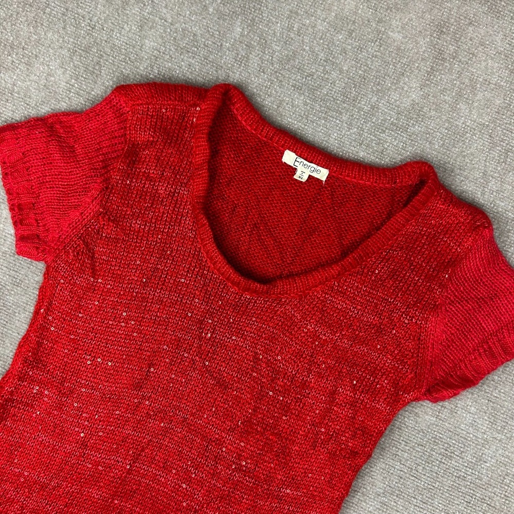 Energie Sweater Womens XL Red Sequin Sparkling Chunky Knit Ribbed Hem Round Neck